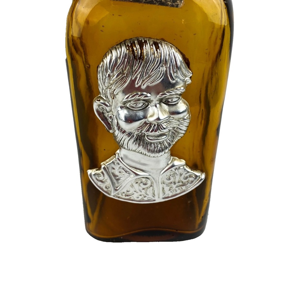 Amber Liquor Bottle of Sancho Panza Wood Cork Top Empty Nickel Silver Relief 12" - Picture 5 of 9